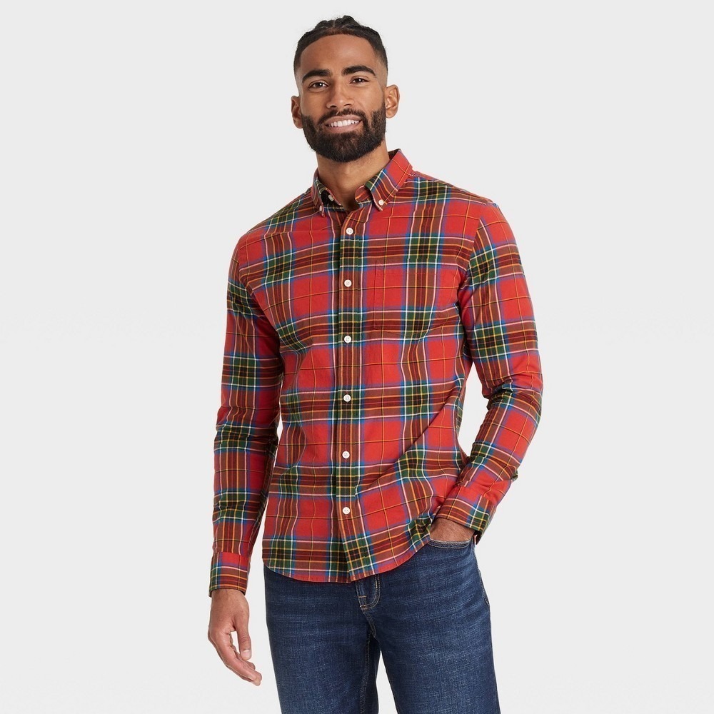 Goodfellow & Co Men's‎ Long Sleeve Plaid Poplin Shirt Stewart Red Sz S